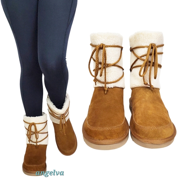 New Koolaburra Ugg michon short boots chesnut suede faux fur pull on lace winter - Picture 4 of 16